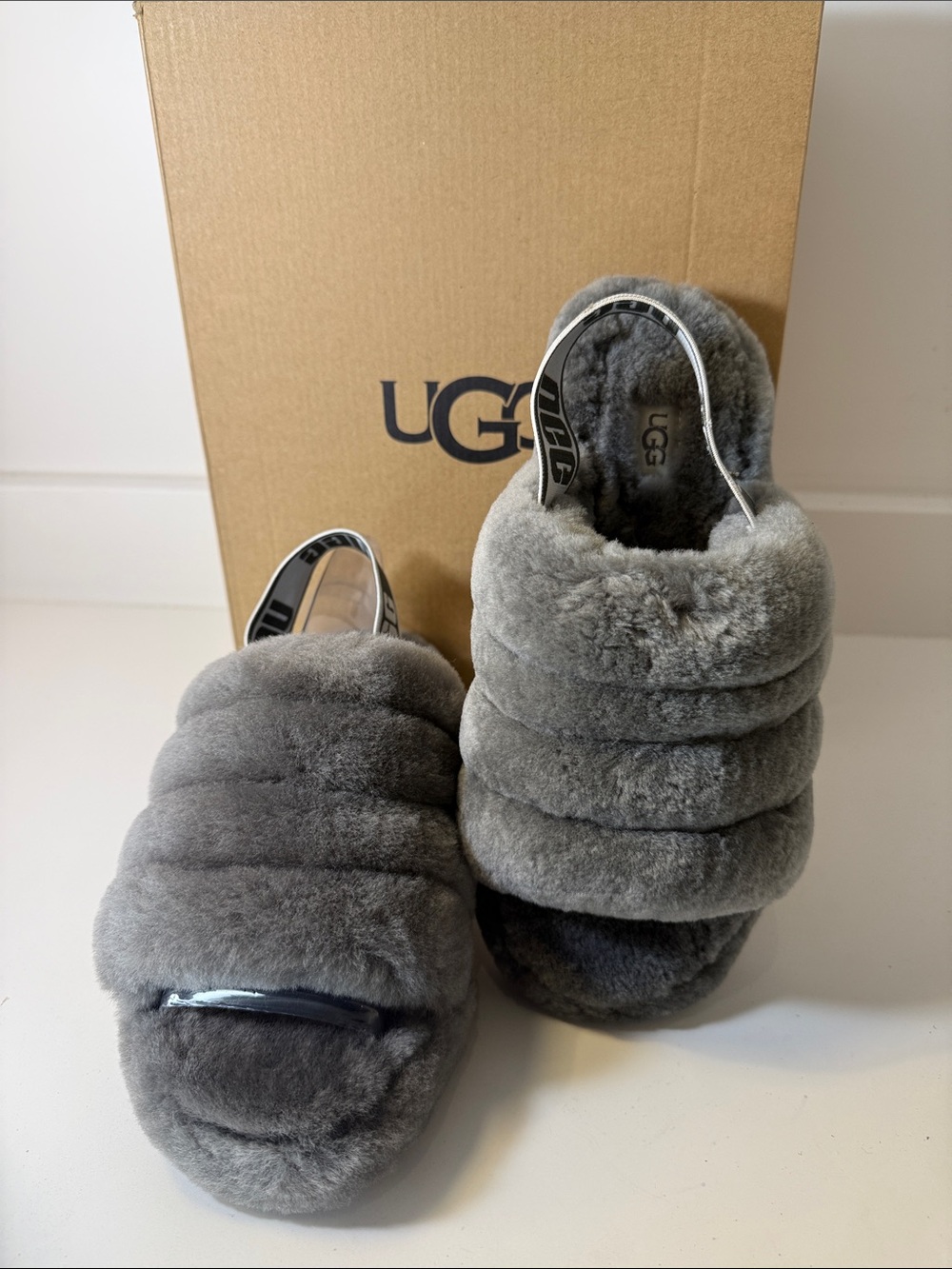 New UGG Gray Fluff Yeah Cozy Slippers with Branded Heel Strap - Size 5